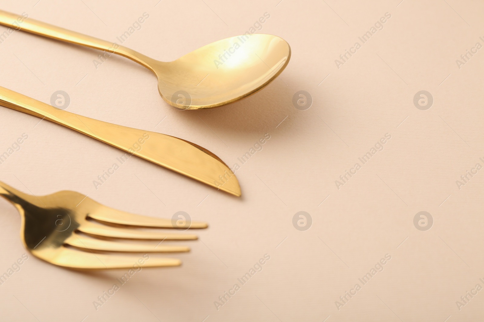 Photo of Stylish golden cutlery set on beige background, closeup. Space for text