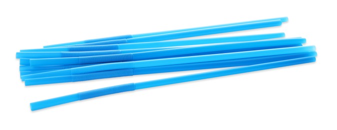 Blue plastic cocktail straws on white background