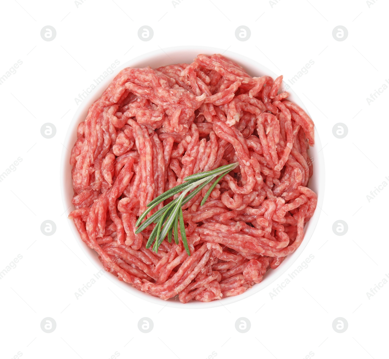 Photo of Fresh raw ground meat and rosemary in bowl isolated on white, top view