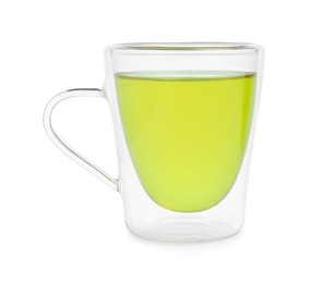 Fresh green tea in glass mug isolated on white