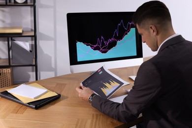 Photo of Businessman working with computer and graph in office, space for text. Forex trading