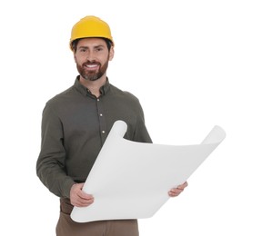 Photo of Architect in hard hat with draft on white background