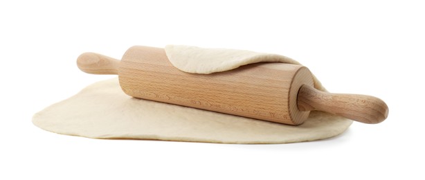 Raw dough and rolling pin isolated on white