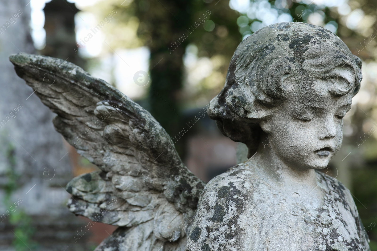 Photo of Beautiful statue of angel at cemetery. Religious symbol