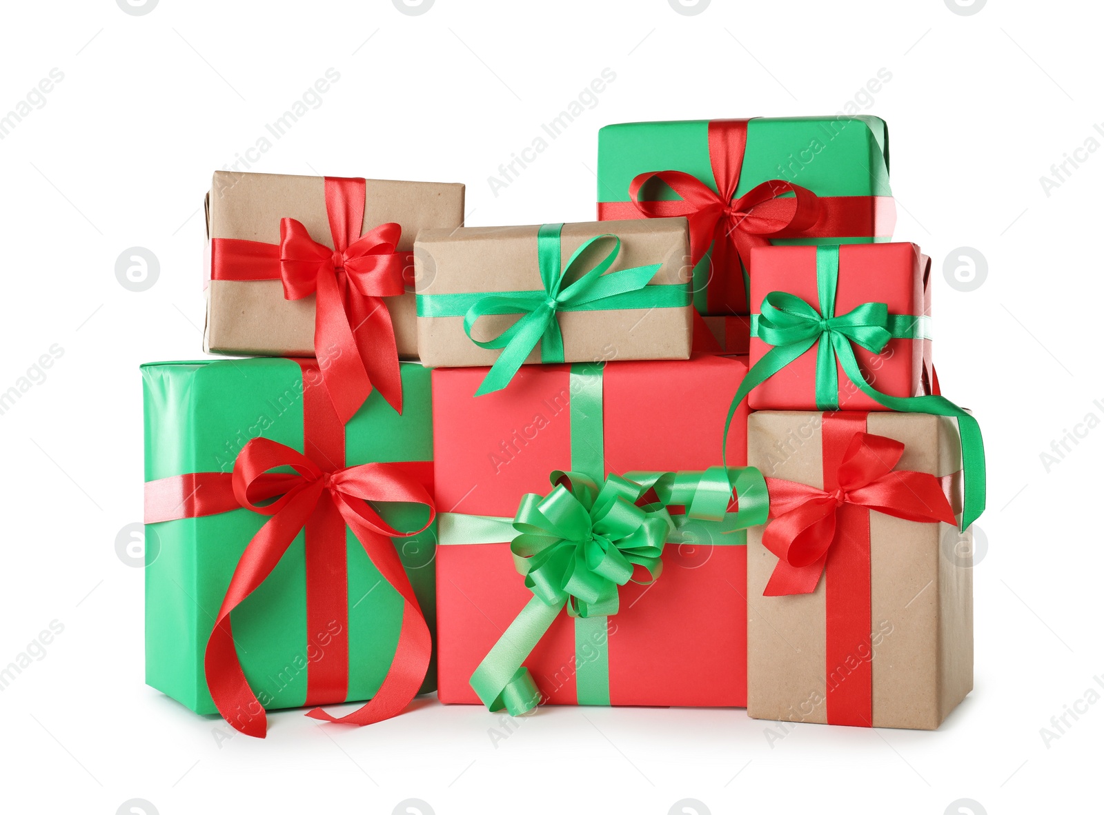 Photo of Different Christmas gift boxes on white background