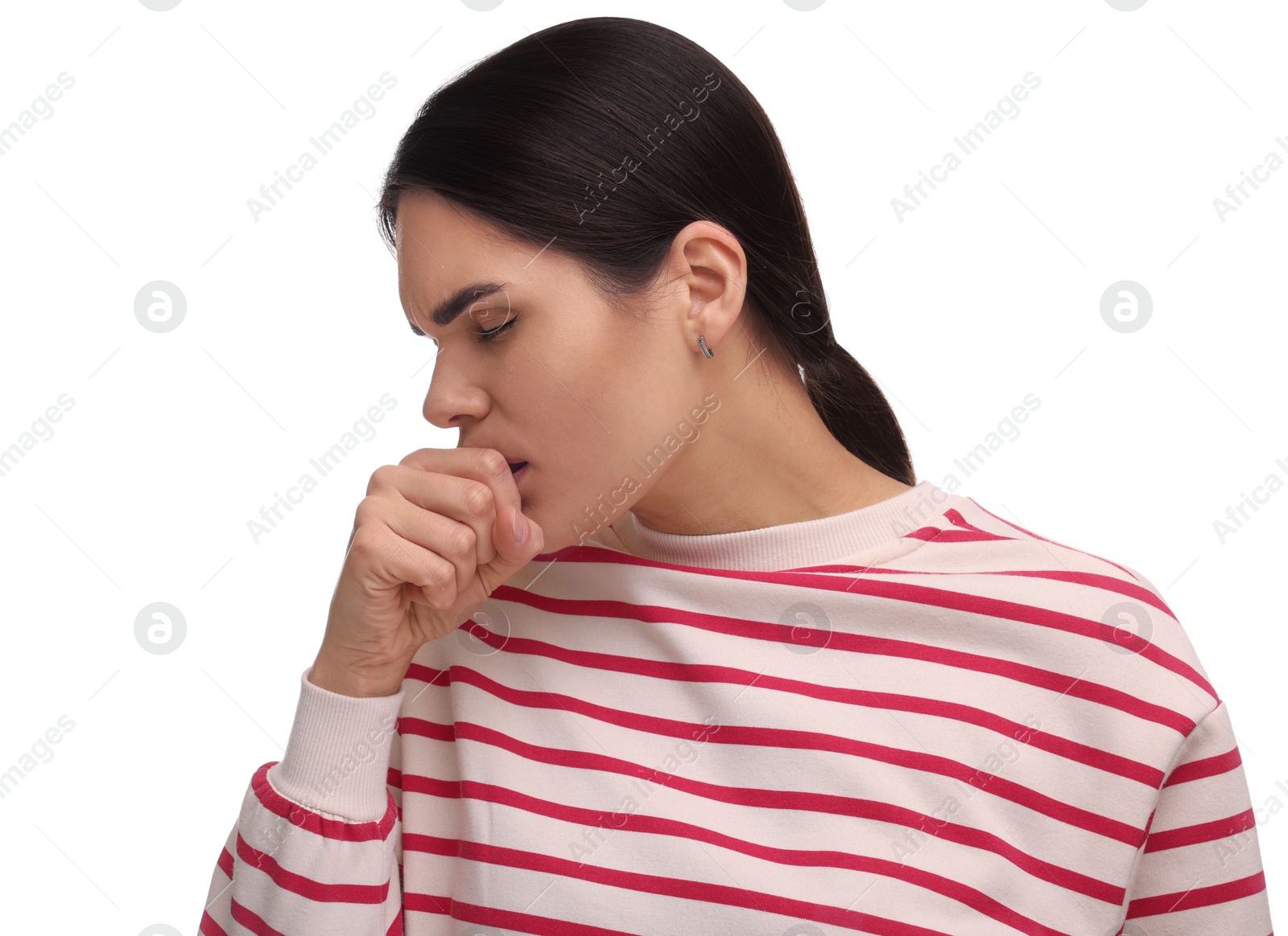 Photo of Woman coughing on white background. Cold symptoms