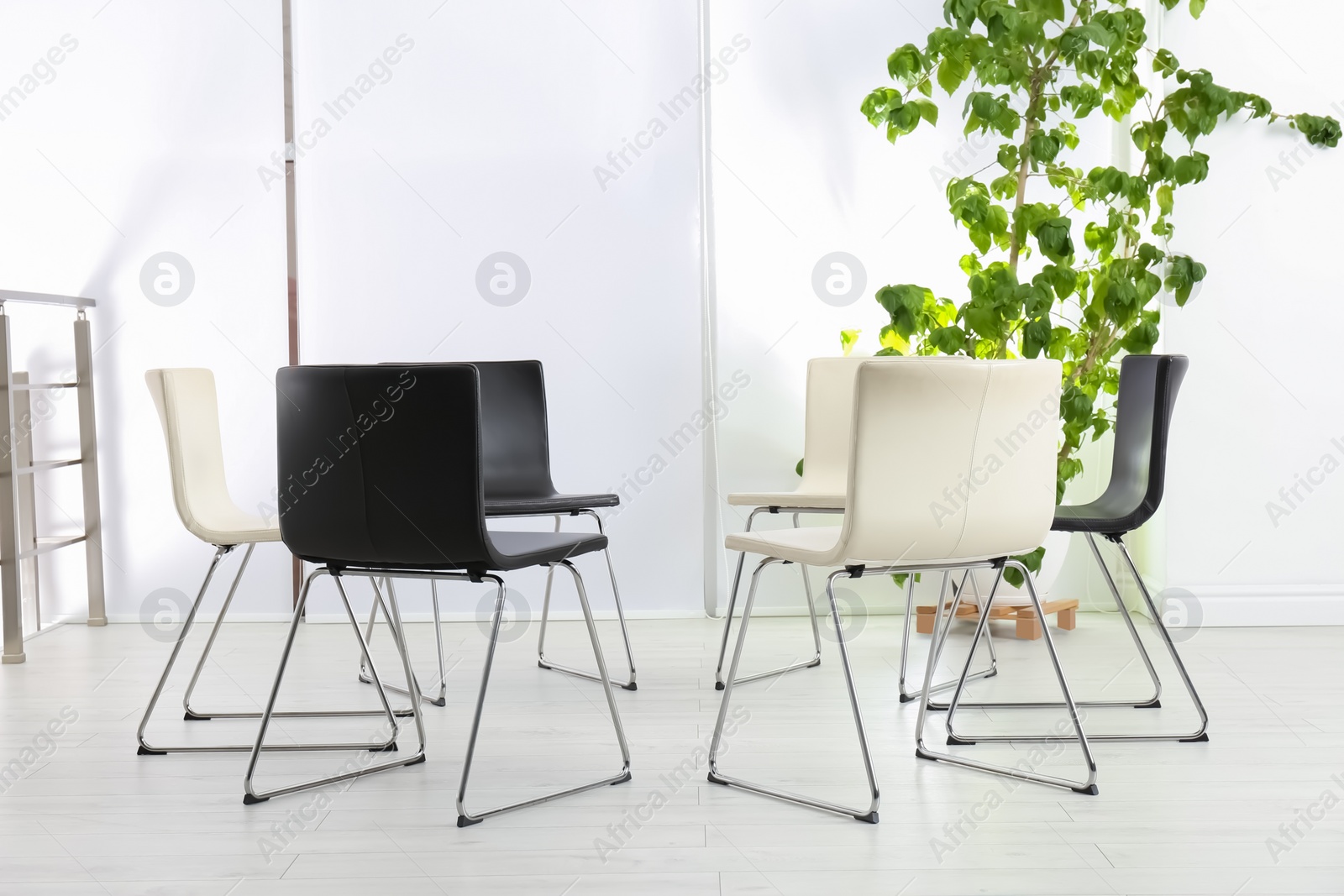 Photo of Empty chairs prepared for group psychotherapy session indoors