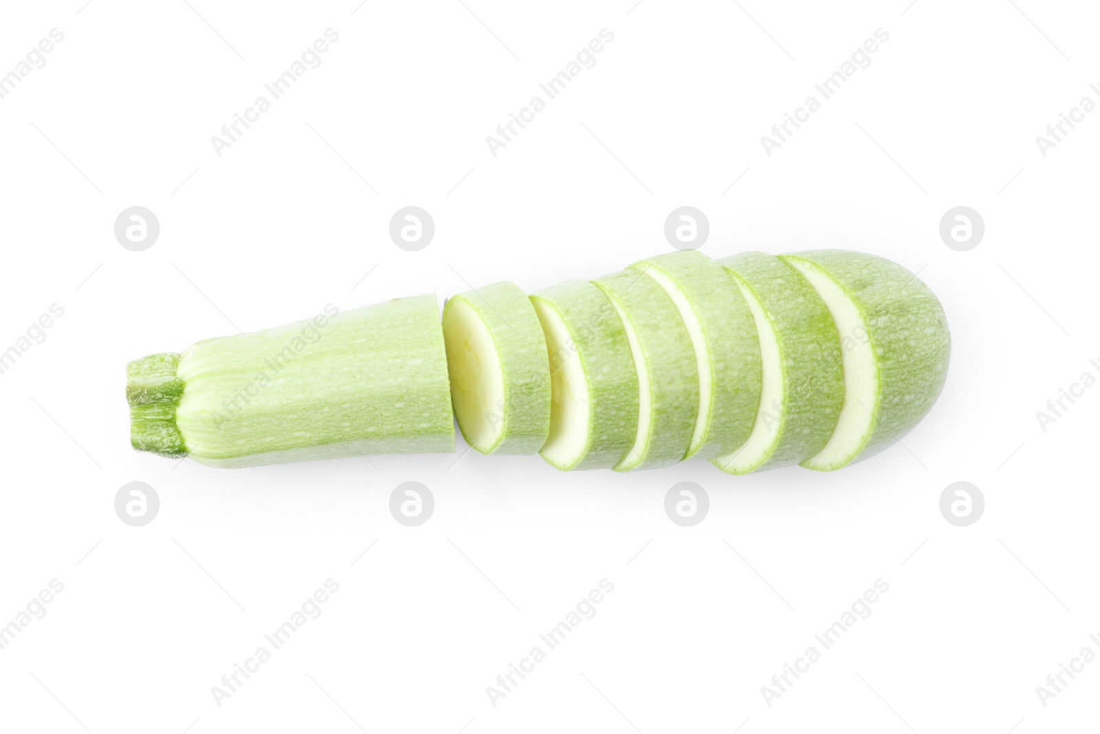 Photo of Cut green ripe zucchini isolated on white, top view