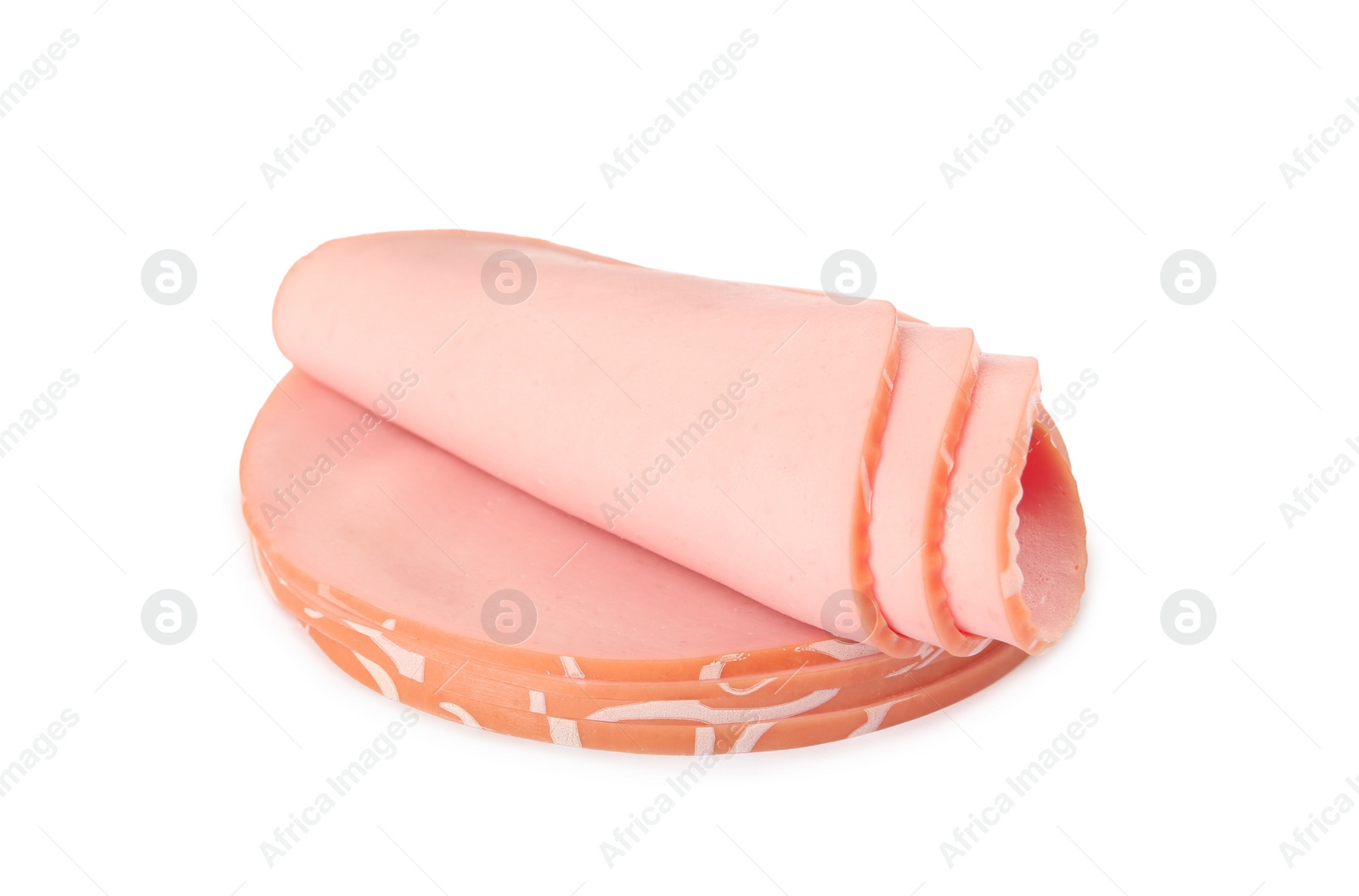 Photo of Slices of delicious boiled sausage on white background