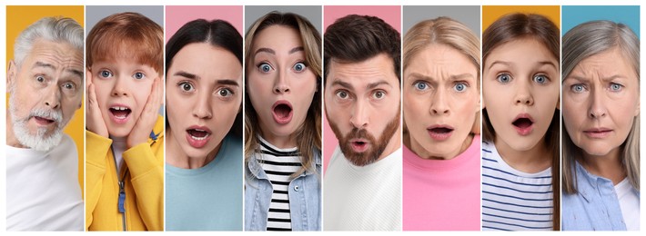 Collage with photos of surprised people on different color backgrounds