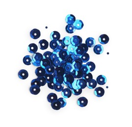 Pile of dark blue sequins isolated on white, top view