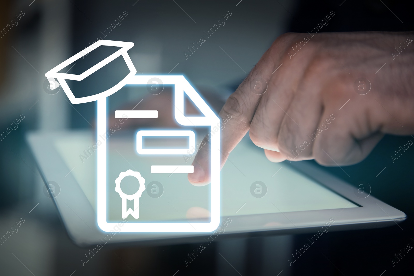 Image of Online learning concept. Diploma icon on foreground and man using tablet, closeup