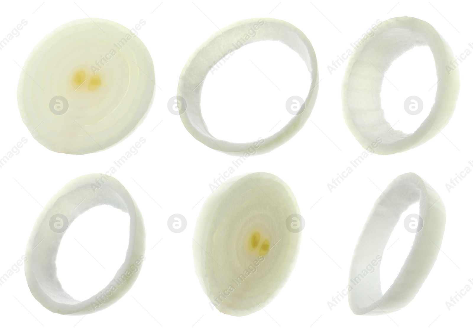 Image of Fresh onion slices flying on white background