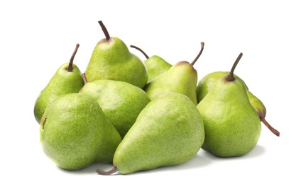 Photo of Heap of fresh ripe pears on white background