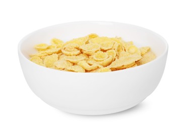 Photo of Breakfast cereal. Corn flakes and milk in bowl isolated on white