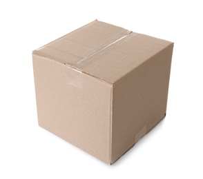 Photo of Cardboard box on white background. Mockup for design