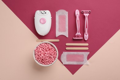 Photo of Set of epilation products on color background, flat lay