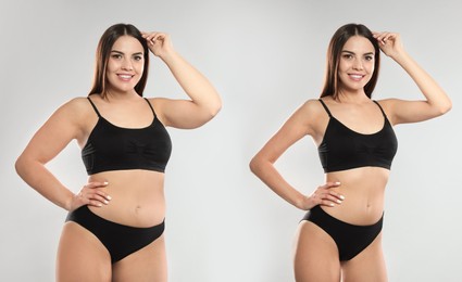 Image of Collage with photos of woman before and after weight loss diet on light grey background