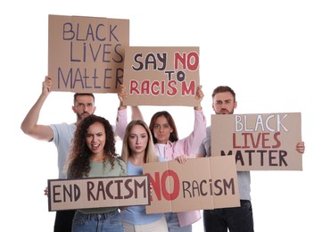 Photo of Protesters demonstrating different anti racism slogans on white background. People holding signs with phrases