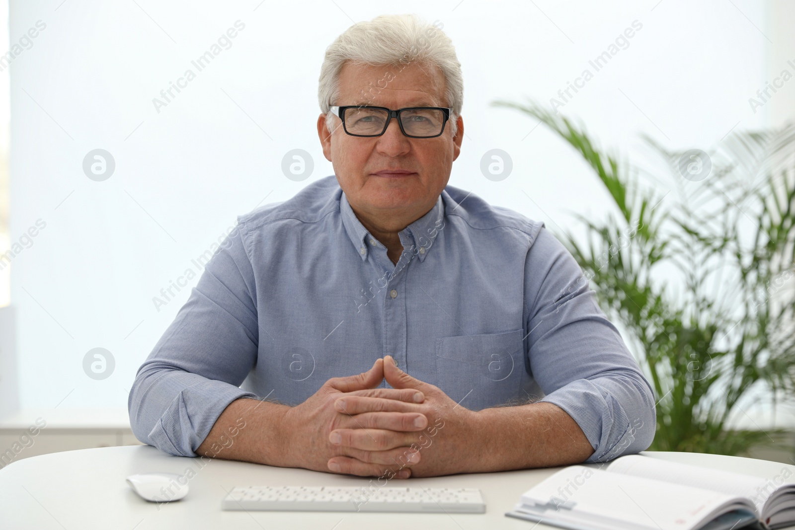 Photo of Mature man using video chat in office, view from web camera