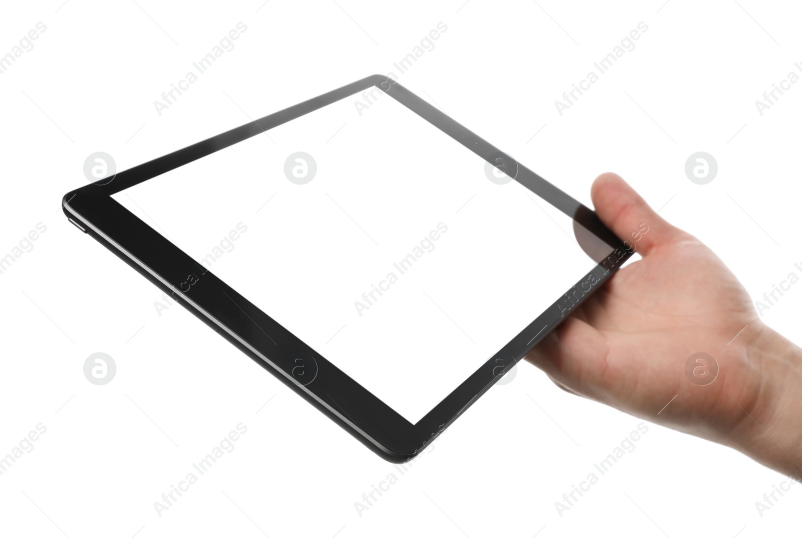 Photo of Man holding tablet computer with blank screen on white background, closeup. Modern gadget