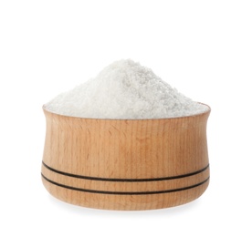 Photo of Wooden bowl with natural salt isolated on white