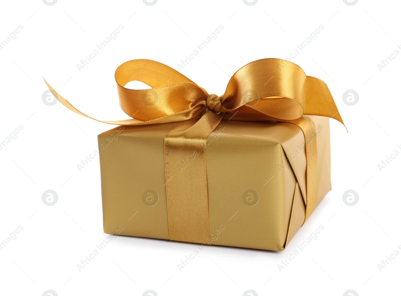 Photo of Beautiful gift box with golden ribbon and bow on white background