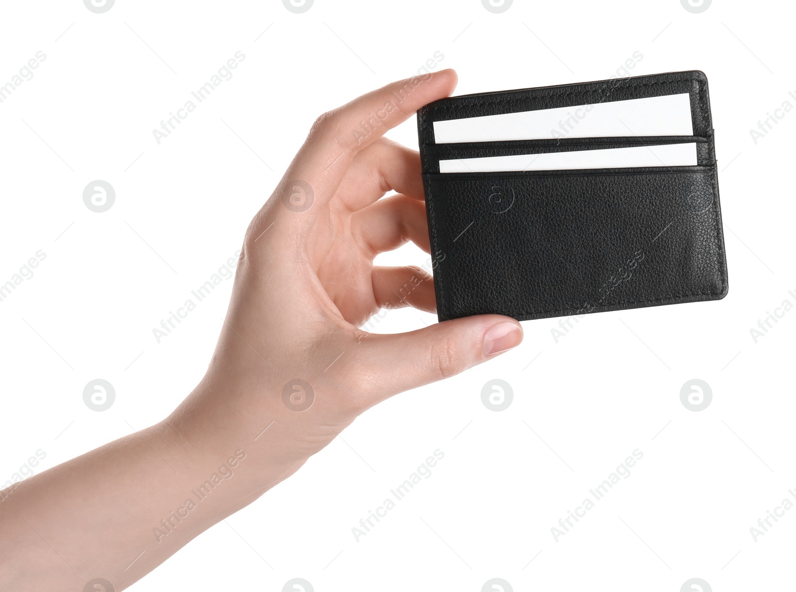 Photo of Woman holding leather business card holder with cards on white background, closeup