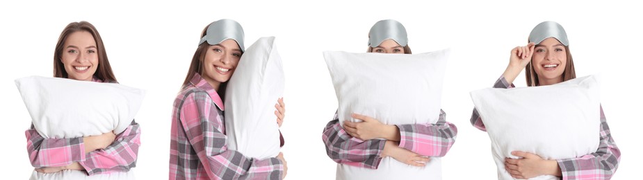 Collage with photos of young woman holding soft pillows on white background. Banner design