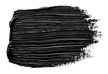 Photo of Brushstrokes of black oil paint on white background, top view