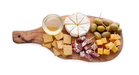 Toothpick appetizers. Tasty cheese, sausage, crackers and olives on white background, top view