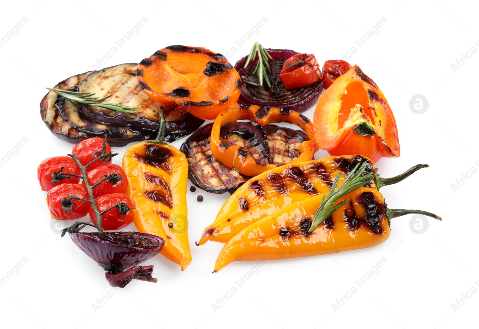 Photo of Different delicious grilled vegetables isolated on white