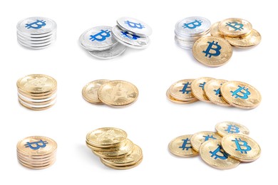 Collage with different bitcoins on white background