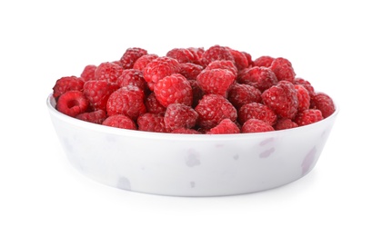 Photo of Plate with ripe raspberries on white background