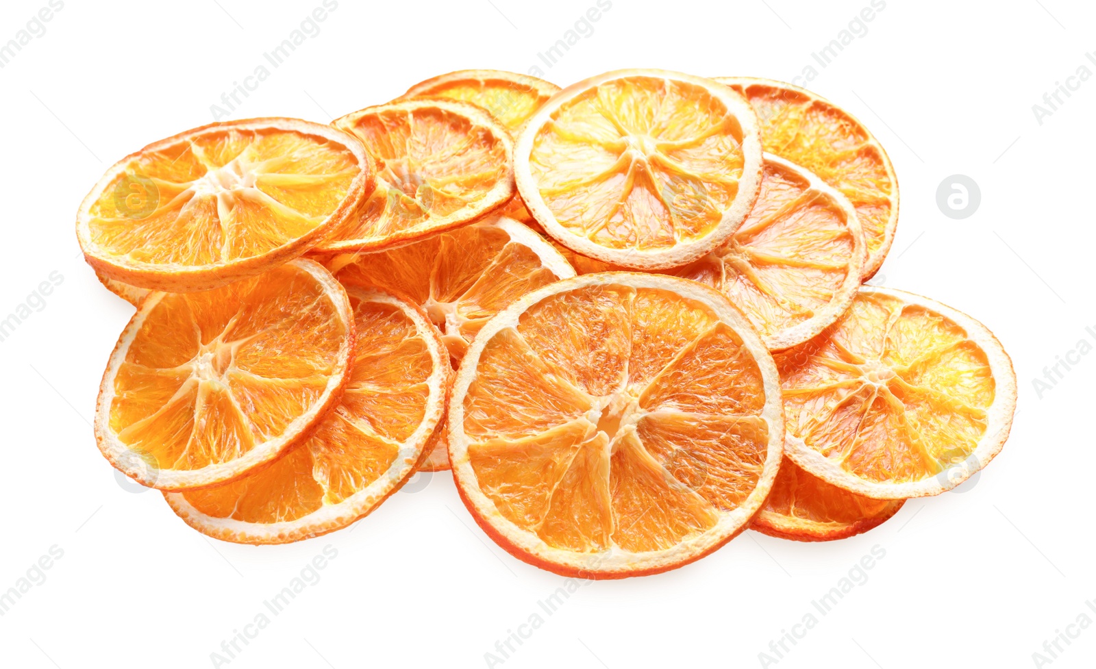 Delicious dry orange slices on white background Photo of Delicious dry orange slices on white background