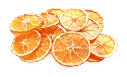 Photo of Delicious dry orange slices on white background