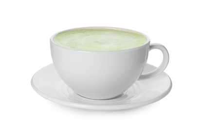 Cup of fresh matcha latte isolated on white