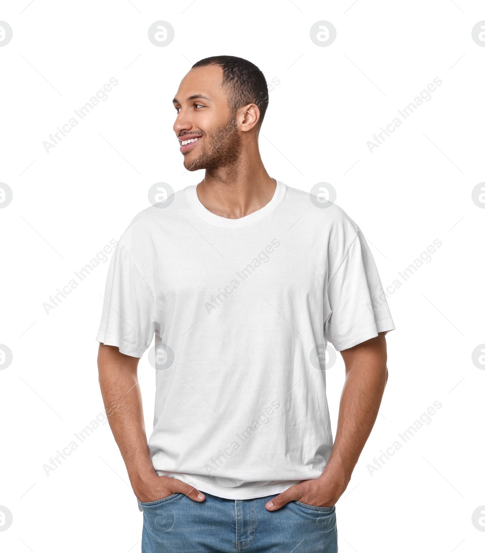 Photo of Man wearing stylish t-shirt on white background