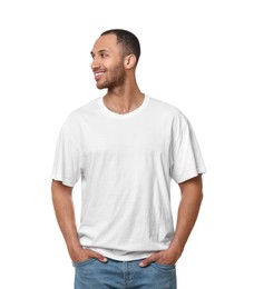 Man wearing stylish t-shirt on white background