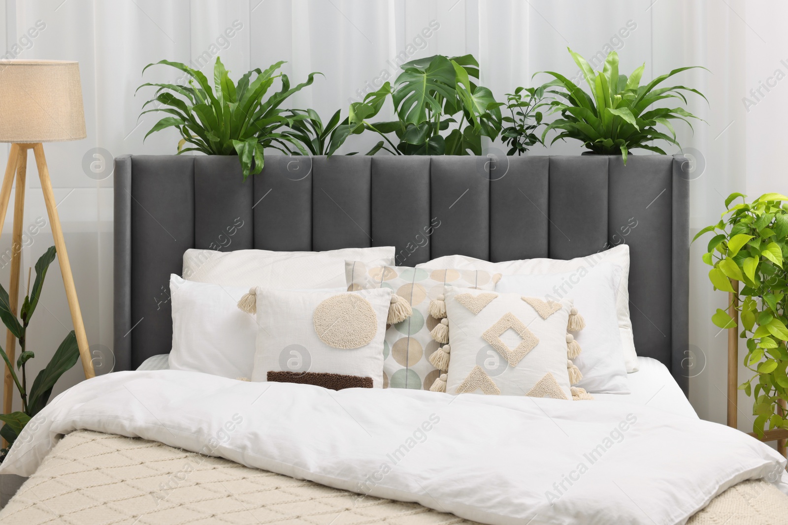 Photo of Large comfortable bed, lamp and beautiful houseplants in bedroom. Interior design