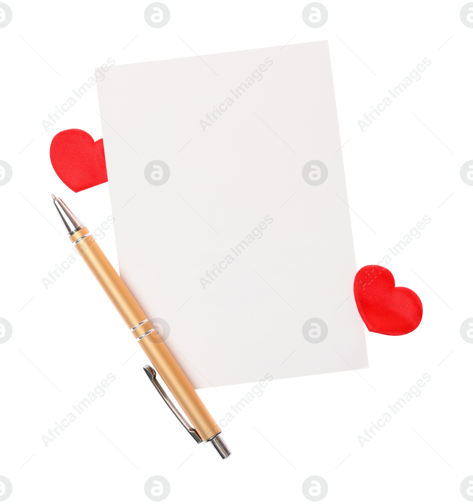 Photo of Blank card, pen and red decorative hearts on white background, top view. Valentine's Day celebration