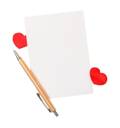 Photo of Blank card, pen and red decorative hearts on white background, top view. Valentine's Day celebration