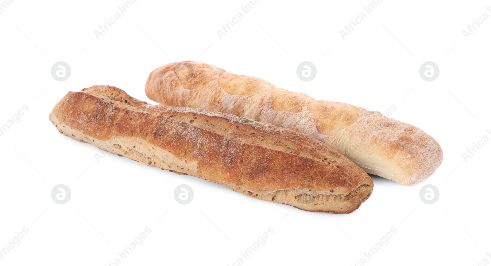 Photo of Different tasty baguettes on white background. Fresh bread