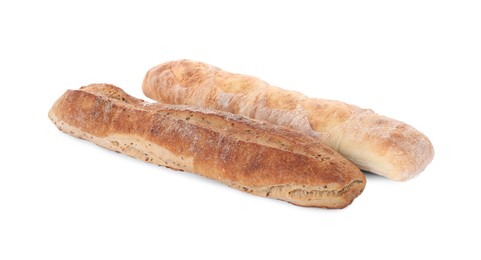 Photo of Different tasty baguettes on white background. Fresh bread