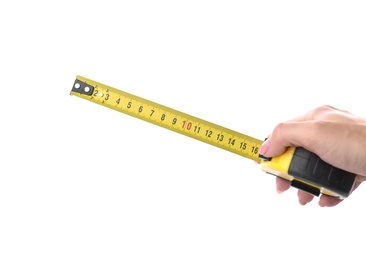 Woman with measuring tape on white background