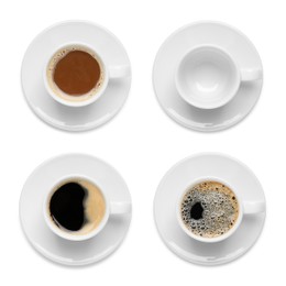 Image of Set with cups of hot aromatic coffee on white background, top view 