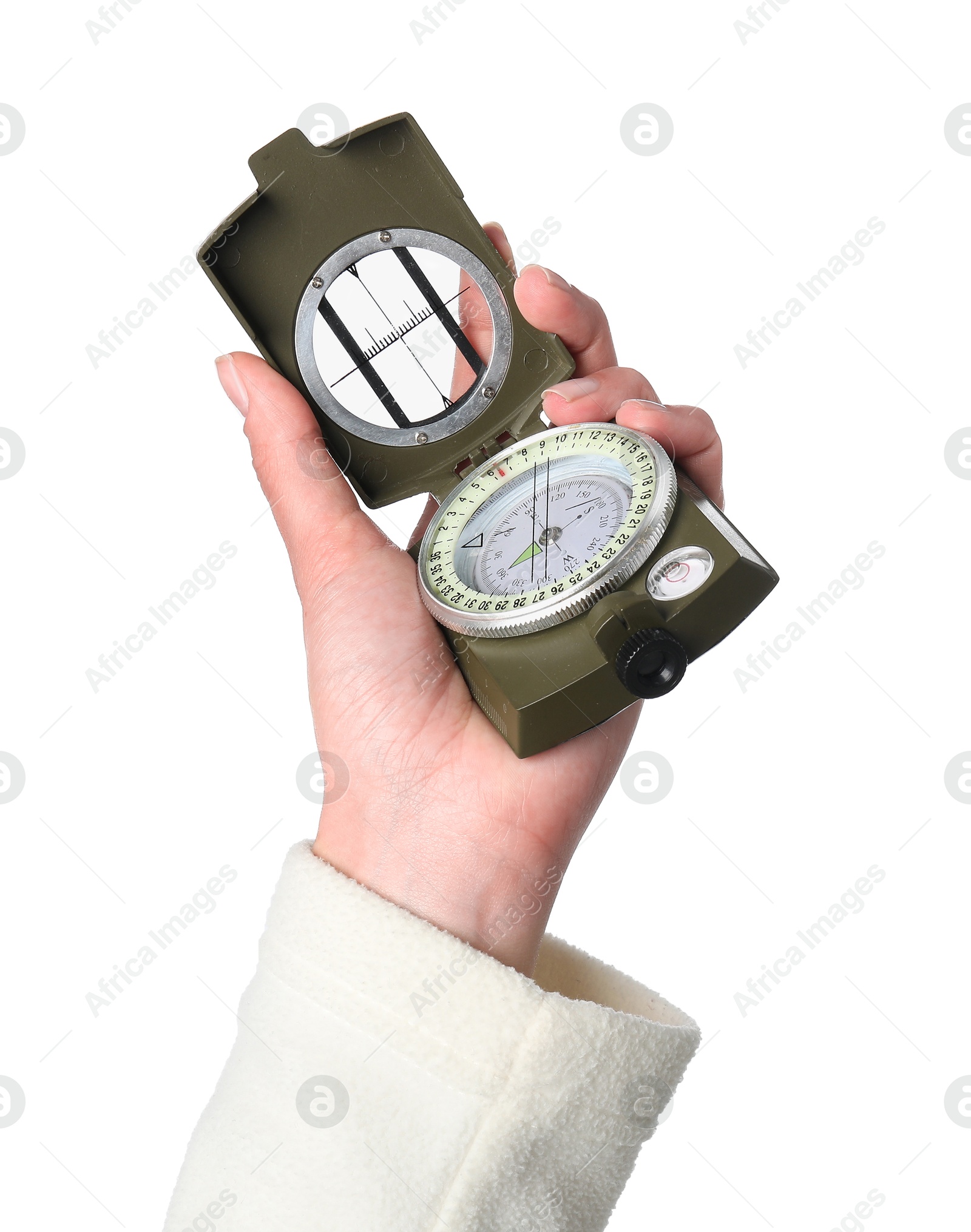 Photo of Woman holding compass on white background, closeup