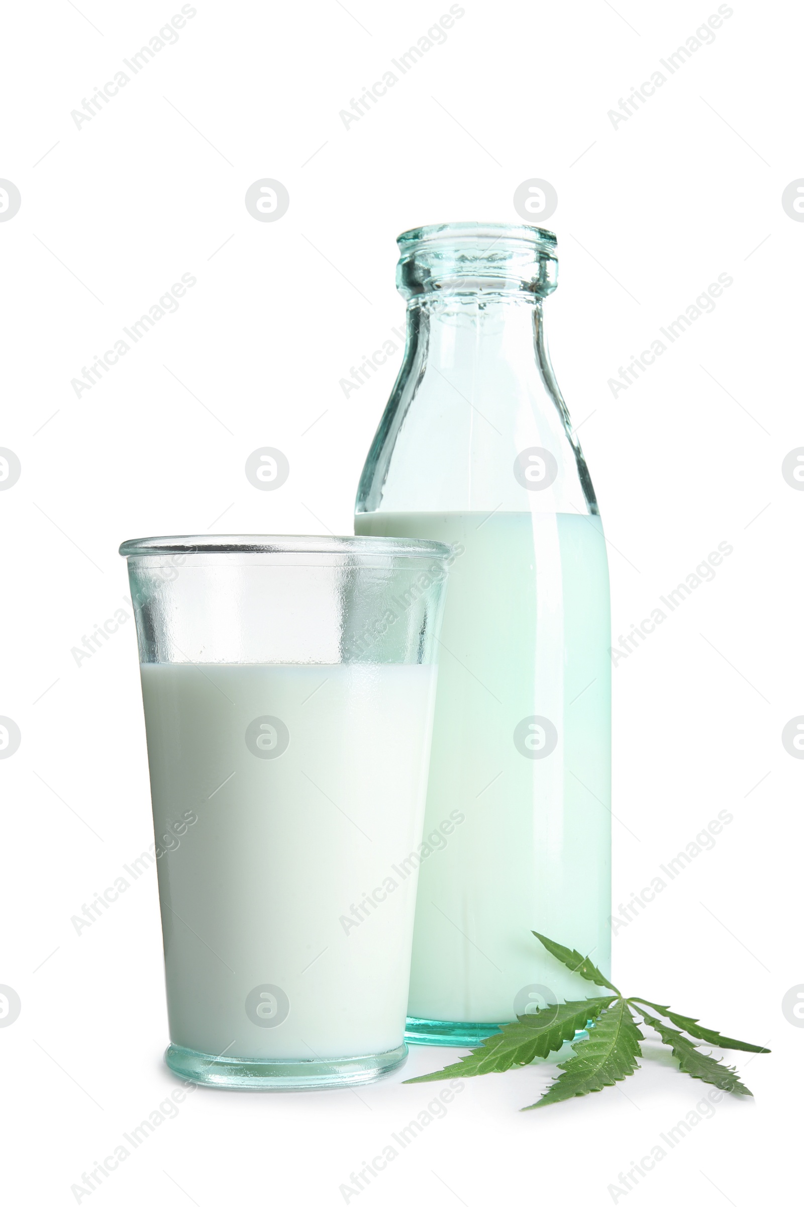 Photo of Glassware with hemp milk on white background