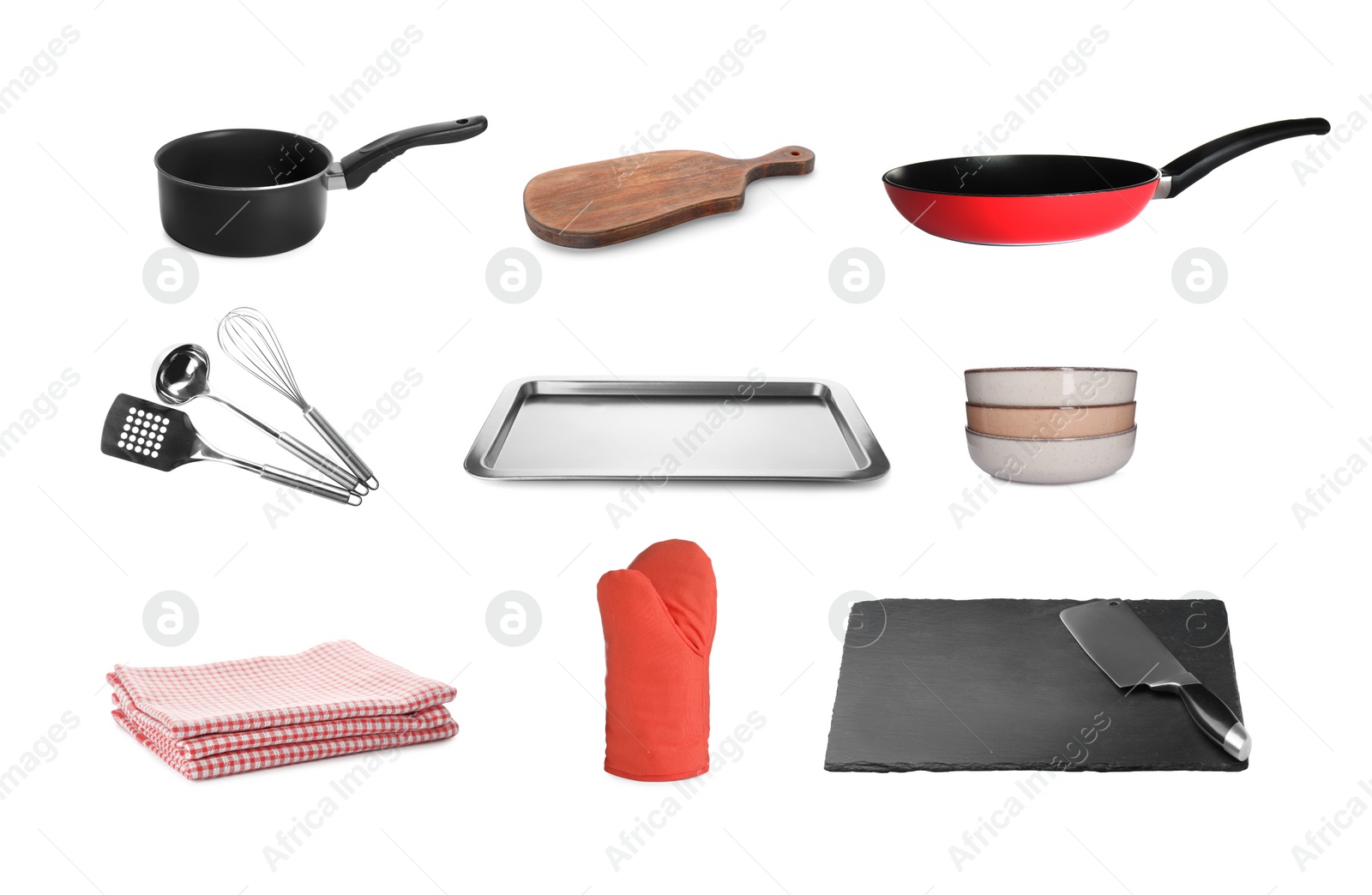 Image of Set with pans, cookware and kitchen utensils on white background