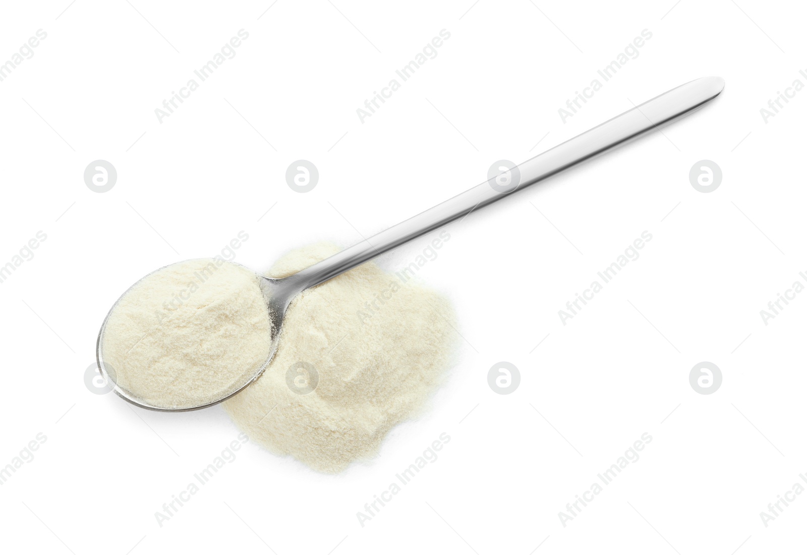 Photo of Spoon and pile of agar-agar powder on white background, top view